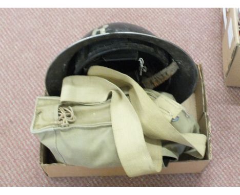 WWII Home Front ARP helmet with R for Rescue stencilled on the front with gas mask and bag