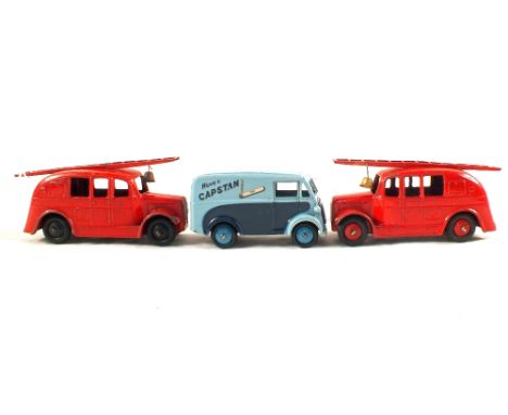 Two unboxed Dinky 250 fire engines, red and black hubs and 465 Morris 10CWT van, Capstan