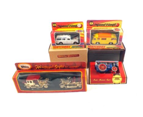 Five boxed models, Matchbox Speed King K28 Mercedes Benz Binz Ambulance, K27 camping cruiser, Heritage Gifts vintage cars, Ma