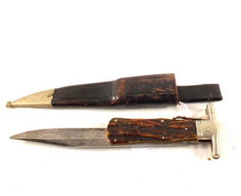 A 19th Century German folding hunting knife by F.Herder Solingen, release catch marked 84, within its original scabbard