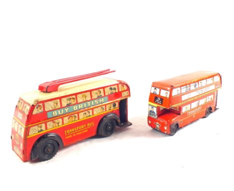 A Wells Brimtoy tin plate trolley bus, Buy British and Routemaster Esso