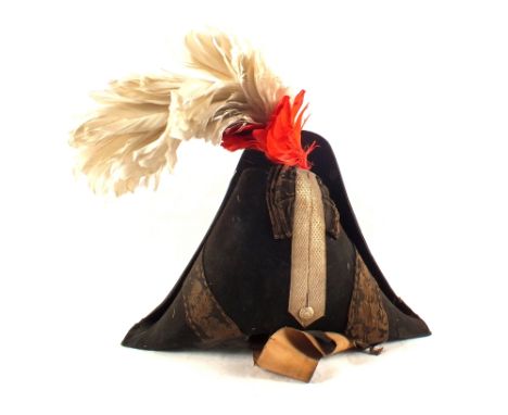 An early 19th Century Officers cocked hat with red and white plume, complete within its tin box