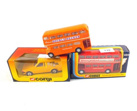 Corgi 469 Routemaster buses, Swan Edgar, Double Decker (promo) and Bolton Evening News Van (promo)