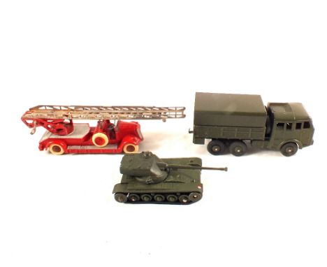 A French Dinky 32D Delahaye Fire Service turntable truck 80D (818) Berliet Cross Country Army lorry and 80C Char AMX Tank