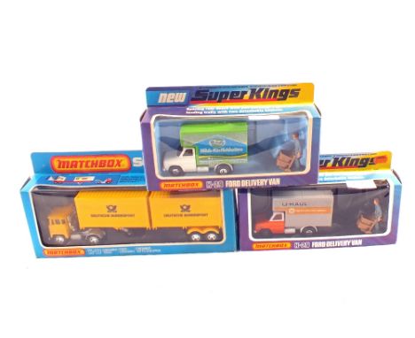 A Matchbox Superkings K17 container truck (German market), K29 Ford van Mr Sooty and K29 Ford van U Haul