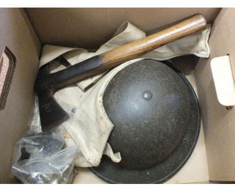 A WWII AFS helmet gas mask, bag, buttons and a scarce AFS axe in cover