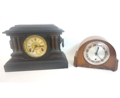 VICTORIAN EBONISED MANTLE CLOCK
with a circular dial marked 'Welch' flanked by two simulated marble pillars, with side carryi