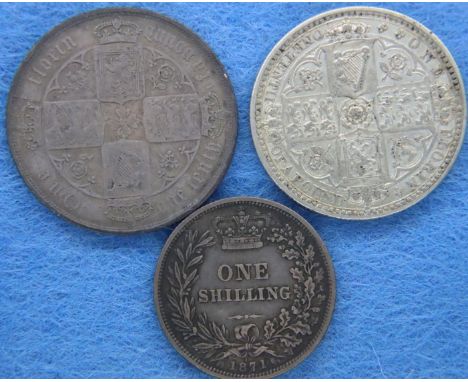 Two silver florins and a silver shilling of Queen Victoria. P&amp;P Group 1 (£14+VAT for the first lot and £1+VAT for subsequ