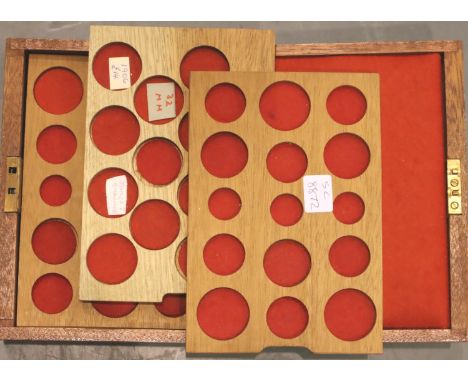A mahogany coin collectors box with three lift out trays and key. P&amp;P Group 3 (£25+VAT for the first lot and £5+VAT for s