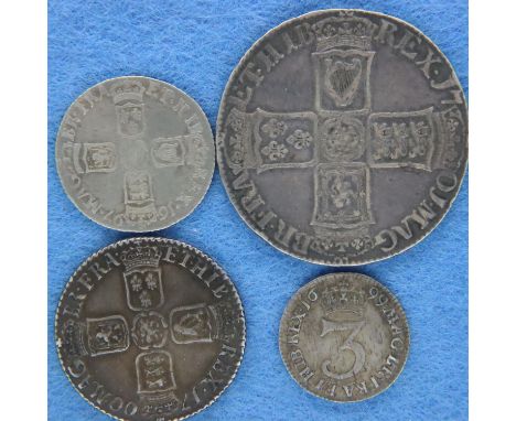 Four silver coins of William III, threepence to half crown. P&amp;P Group 1 (£14+VAT for the first lot and £1+VAT for subsequ