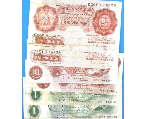 Two £1 banknotes and three ten shilling notes of Elizabeth II. P&amp;P Group 1 (£14+VAT for the first lot and £1+VAT for subs