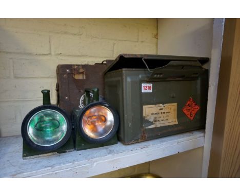 Railwayana: a pair of vintage Bardic Systems Ltd signalling lamps, each with broad arrow mark; together with two military box