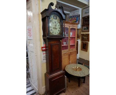 A George III oak and inlaid eight day longcase clock, the 12in arched painted dial indistinctly inscribed 'Chas H..., Stalybr