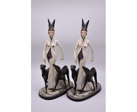 Two Michael Sutty porcelain limited edition figures of a lady with two greyhounds, Nos 108/250 and 113/250, in the Art Deco s
