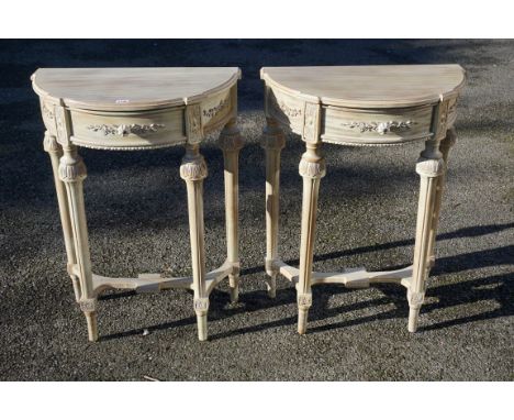 A small pair of reproduction grey painted console tables, 61cm wide.&nbsp; 