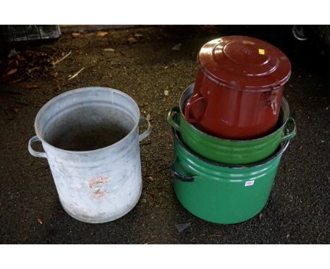 Three enamel twin handled pots; together with a copper twin handled pot.Payment must be made in advance of collection which i