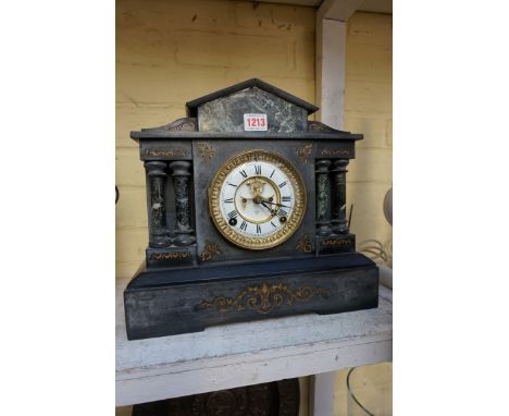 An Ansonia slate and marble architectural mantel clock, 32cm high. 