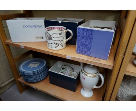 A collection of Wedgewood pottery, to include: five royal commemorative tankards; and a collection of thirteen Jasperware Chr