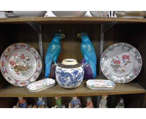 A small group of Chinese ceramics and enamel, 18th century and later, the birds 30.5cm high.&nbsp; 