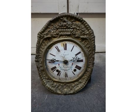 A 19th century Continental eight day longcase clock dial and movement,&nbsp;with 8.5in enamel circular dial and stamped brass