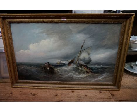 W R Webb, coastal scene with paddle steamer, signed, oil on canvas, 50 x 86cm. 