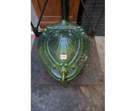 An antique Continental green enamel coal scuttle,&nbsp;46cm long.&nbsp; 