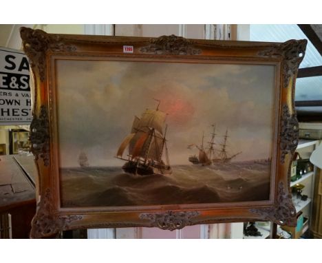 E K Redmore, Dutch barges, signed, oil on canvas, 49 x 74cm. 