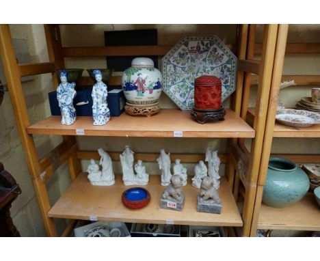 A mixed group of Chinese ceramics and works of art,&nbsp;to include: a pair of green jade bowls, 10cm diameter. (two shelves)