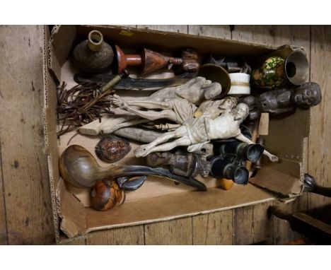 An interesting collection of works of art and similar, to include: ethnographical figures; corpus christi figures; horn ladle