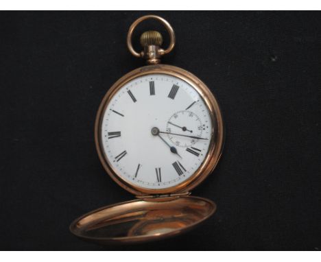 EARLY 20TH CENTURY 9CT GOLD FULL HUNTER KEYLESS LEAVER POCKET WATCH having enamel face with Roman Numerals and seconds dial, 