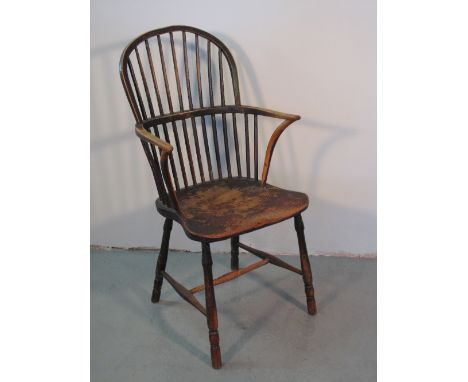 19TH CENTURY ASH AND ELM HOOP BACKED ELBOW CHAIR WITH PLANE TURNED SPINDLES, moulded elm seat on a baluster and ring turned u