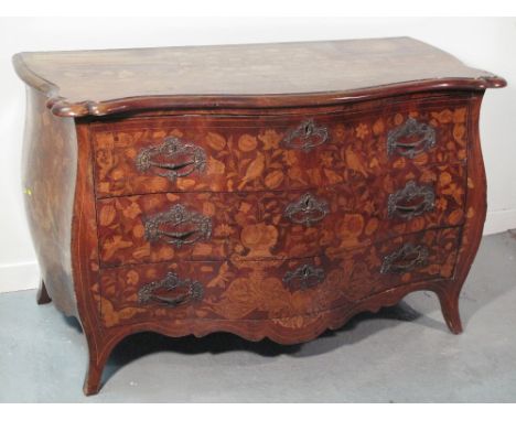 19TH CENTURY DUTCH MARQUETRY SERPENTINE SHAPED BOMBE COMMODE CHEST OF THREE GRADUATED DRAWERS, the top originally with cabine