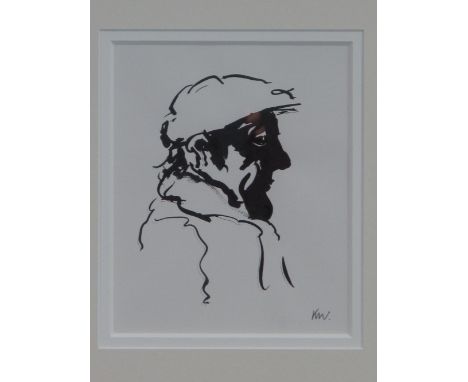 SIR JOHN 'KYFFIN' WILLIAMS, R.A., KBE, (Welsh, 1918-2006), portrait of a Farmer facing right in cap, signed with initials. Bl