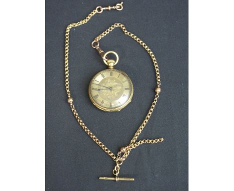 VICTORIAN 18CT GOLD KEY WIND OPEN FACED ENGINE TURNED AND FOLIATE ENGRAVED ENAMEL DECORATED POCKET WATCH with Roman Numerals 
