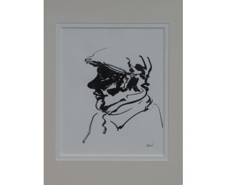 SIR JOHN 'KYFFIN' WILLIAMS, K.B.E, R.A. (Welsh 1918-2006), portrait of a Farmer facing left, in cap. Signed with initials. Bl
