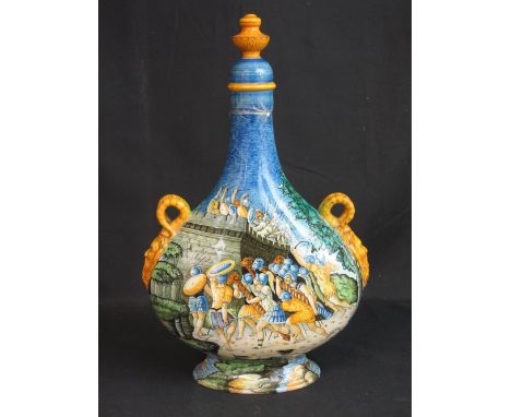 19TH CENTURY ITALIAN MAIOLICA POTTERY FLASK, in 17th Century style painted with soldiers sieging a castle, having applied sat