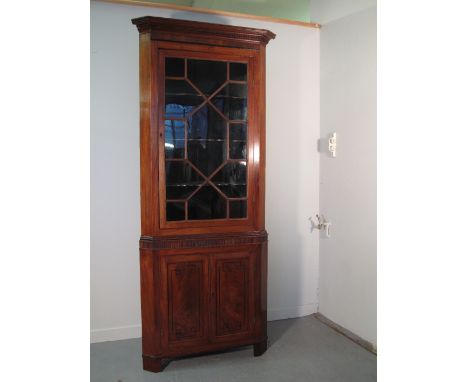 19TH CENTURY MAHOGANY DOUBLE STANDING CORNER CABINET having moulded and dentil cornice over single thirteen pane astragal gla