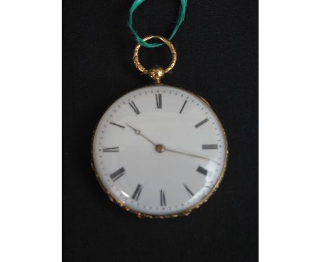 19TH CENTURY FRENCH OR SWISS SLIM OPEN FACED KEY WIND POCKET WATCH, the case with engine turned and foliate decorated back wi
