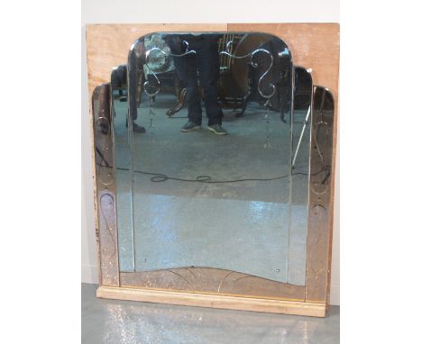 ART DECO STYLE ARCHED ENGRAVED OVER MANTLE MIRROR with scroll work decoration. 40" wide (102cm) x 45.5" (115cm) CONDITION REP