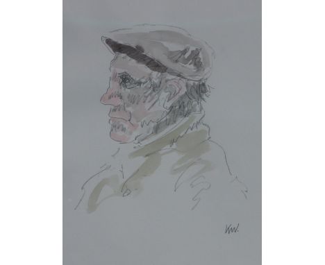 SIR JOHN 'KYFFIN' WILLIAMS, K.B.E, R.A. (Welsh 1918-2006), portrait of a Farmer facing left in cap, signed with initials. Pen