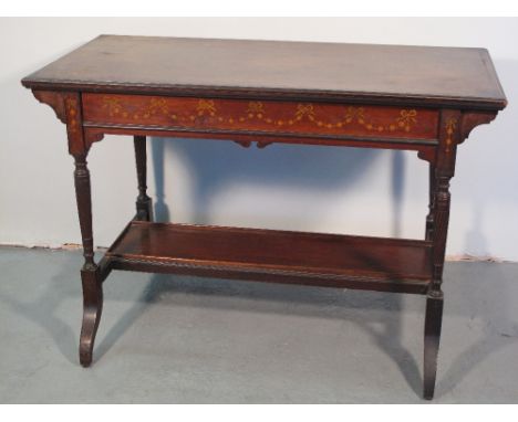 VICTORIAN INLAID ROSEWOOD RECTANGULAR CENTRE TABLE, the moulded edge top with inlaid strung outline and inlaid foliate decora