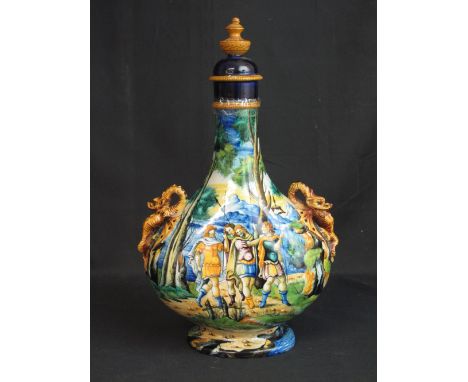 19TH CENTURY CANTAGALLI ITALIAN MAIOLICA TWO HANDLED FLASK in 17th Century style, painted with mythological figures in landsc