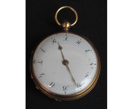19TH CENTURY 18CT GOLD OPEN FACED KEY WIND POCKET WATCH having chain fusee movement with foliate pierced balance cock, enamel