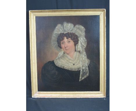 19TH CENTURY BRITISH SCHOOL, portrait of a lady in lace bonnet, oils on canvas. 26" x 22" (66cm x 56cm) CONDITION REPORT: Lin