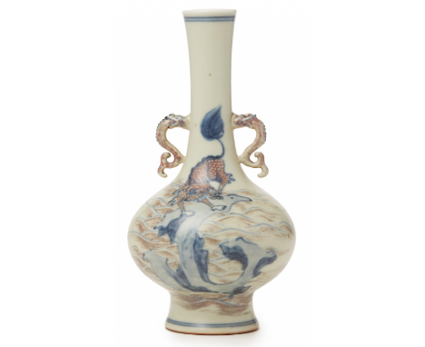 A 'QILIN' TWIN HANDLED PORCELAIN BOTTLE VASE Yongzheng four character type seal mark to base Decorated in underglaze blue and