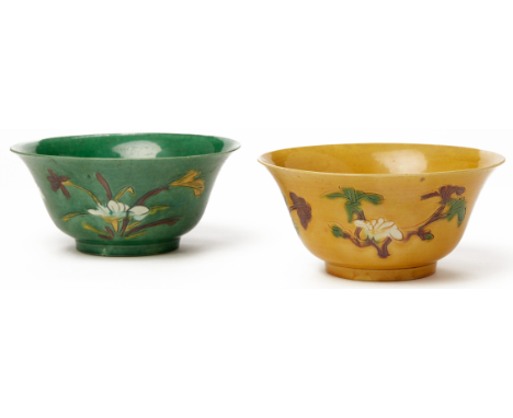 TWO ENAMELLED BISCUIT 'BRINJAL' BOWLS Probably Kangxi Period, according to the inventory Both with underglaze blue seal type 