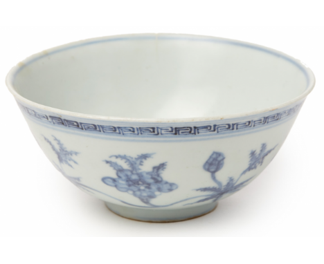 A BLUE AND WHITE PORCELAIN BOWL (7) Indistinct four character mark within a double square to base The exterior decorated with