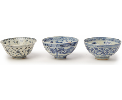 THREE BLUE AND WHITE PORCELAIN BOWLS (6) Ming dynasty, according to the inventory All with stylised foliate decoration, one e