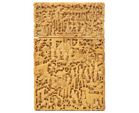 A CARVED IVORY CARD CASE Canton, 19th Century Profusely carved with figures amongst pagodas and trees 11.5cm x 7.5cm x 1cm hi