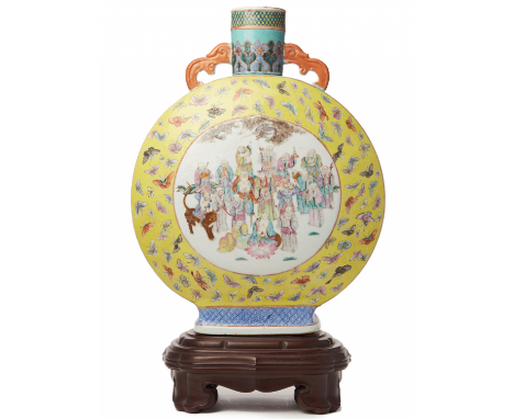 A LARGE YELLOW GROUND 'FAMILLE ROSE' MOON FLASK Qianlong six character seal mark in underglaze blue to base With a central pa